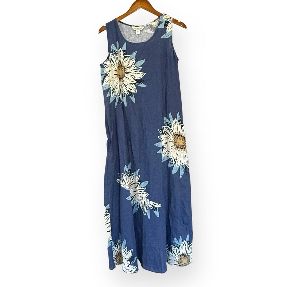 Coldwater Creek Blue Floral Daisy Linen Maxi Dress 4 European Flax Cottagecore